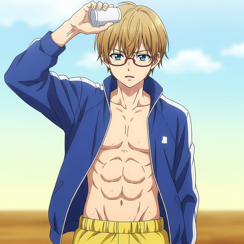 Anime Teen with Eight-Pack Abs and Blue Eyes | Muscular Veins