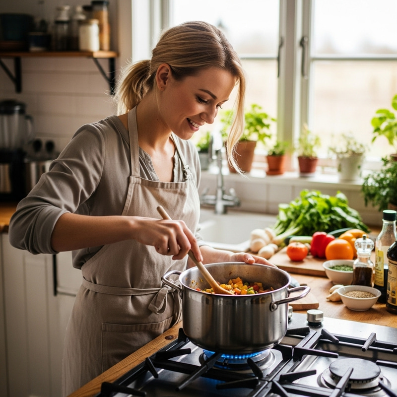Happy Blonde Woman Cooking with Focus Happy Blonde Woman Cooking with Focus