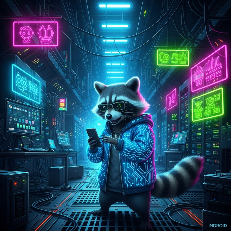 Neon Cyberpunk Data Center with Mischievous Raccoon Hacker