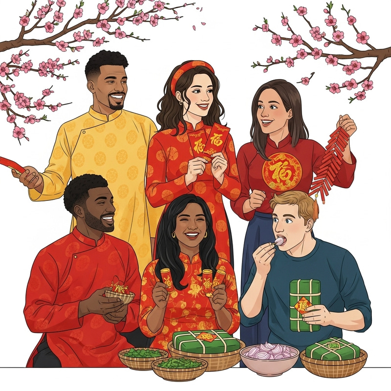 Diverse Tet Festival Celebration: Friends Enjoying Vietnamese New Year Diverse Tet Festival Celebration: Friends Enjoying Vietnamese New Year
