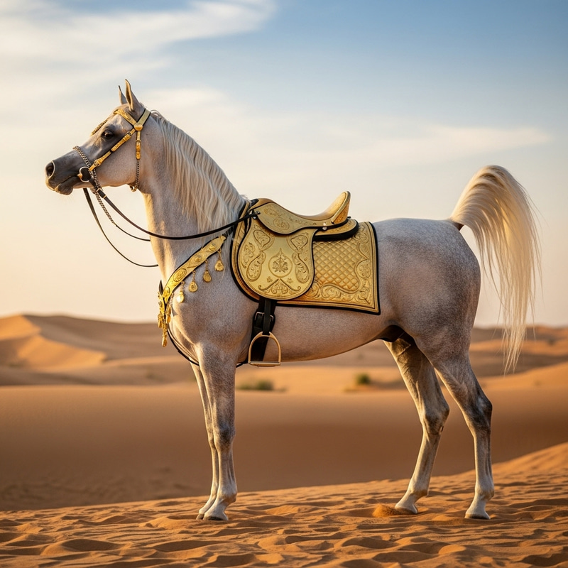 Majestic White Arabian Horse with Golden Saddle & Bridle