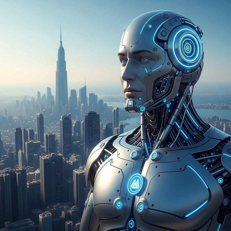 Hyper-Realistic Male Robot in Futuristic Cityscape