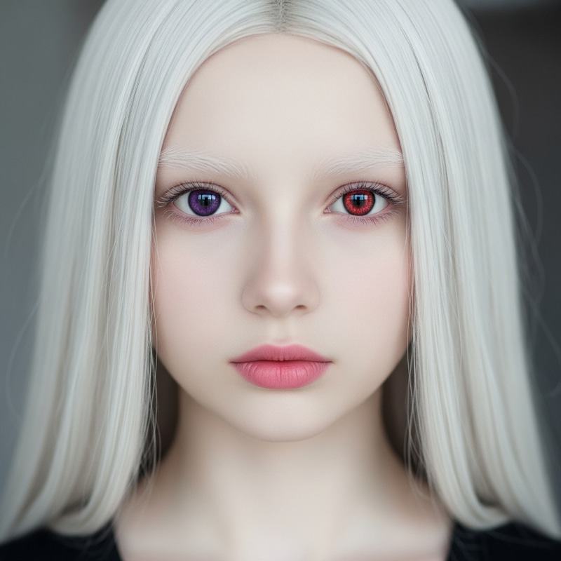 Pale Caucasian Girl with White Hair and Mismatched Eyes - Unique Beauty