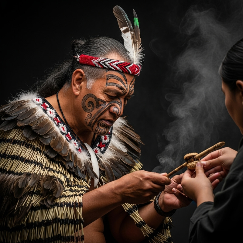Maori Spiritual Ceremony: Vibrant Wairua Energy with Elder in Feather Cloak