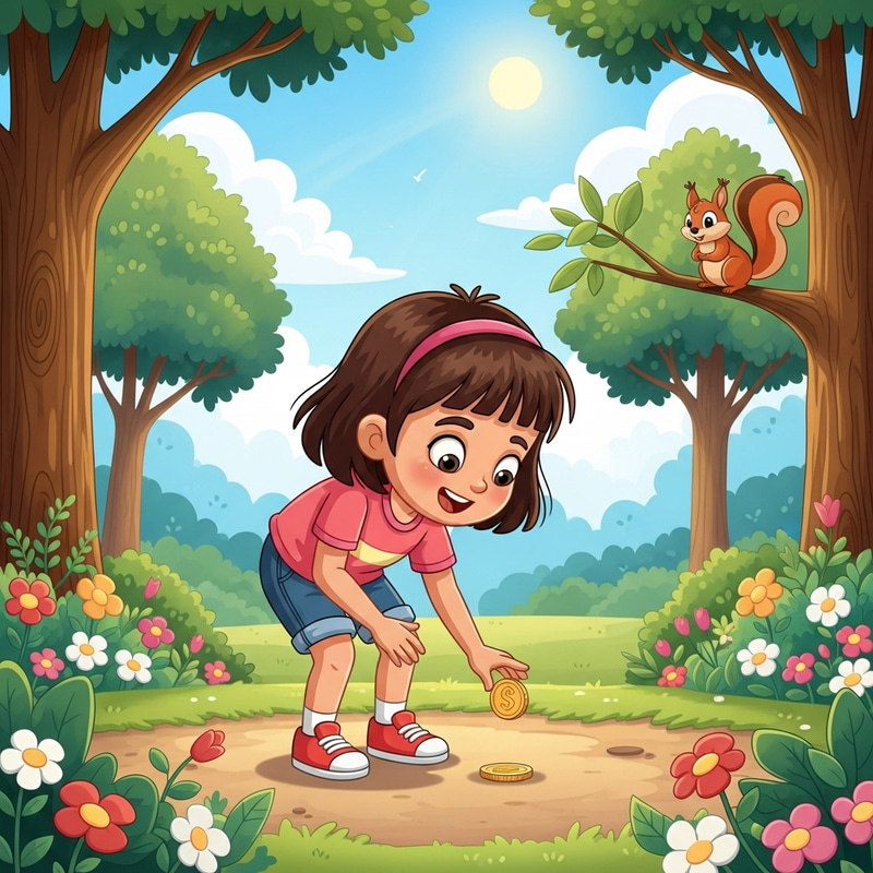 Girl Picks Up a Coin in the Park - A Colorful Cartoon Girl Picks Up a Coin in the Park - A Colorful Cartoon