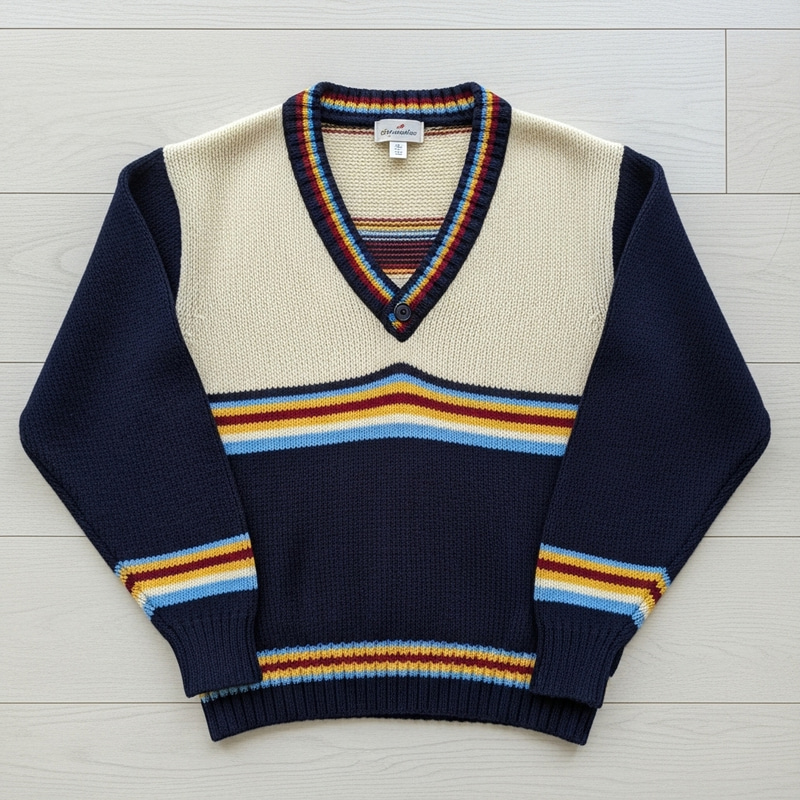 Navy Blue and Cream V-Neck Sweater with Colorful Stripes