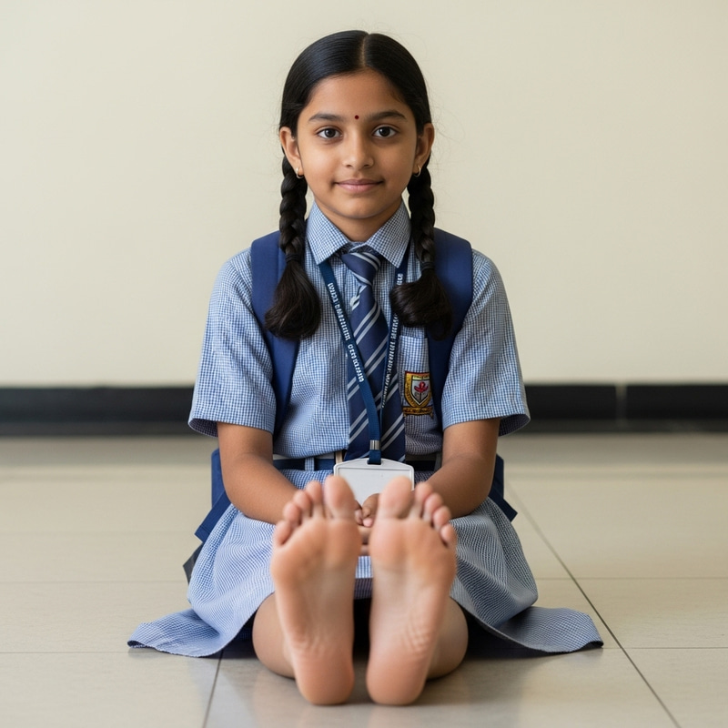 South Asian School Girl Barefoot Showing Soles of Feet South Asian School Girl Barefoot Showing Soles of Feet