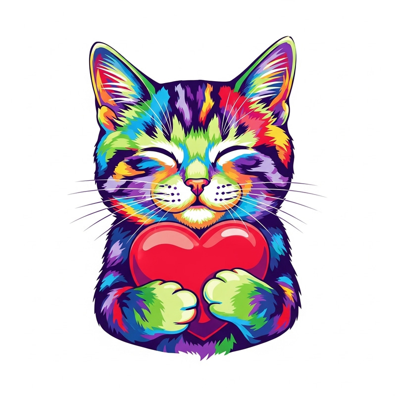 Colorful Cat Illustration with Vibrant Pop Art Style and Red Heart Colorful Cat Illustration with Vibrant Pop Art Style and Red Heart