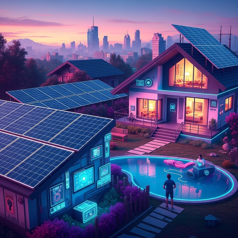 Cyberpunk-Inspired Eco-Friendly House with Solar Panels | High Contrast Cityscape Cyberpunk-Inspired Eco-Friendly House with Solar Panels | High Contrast Cityscape