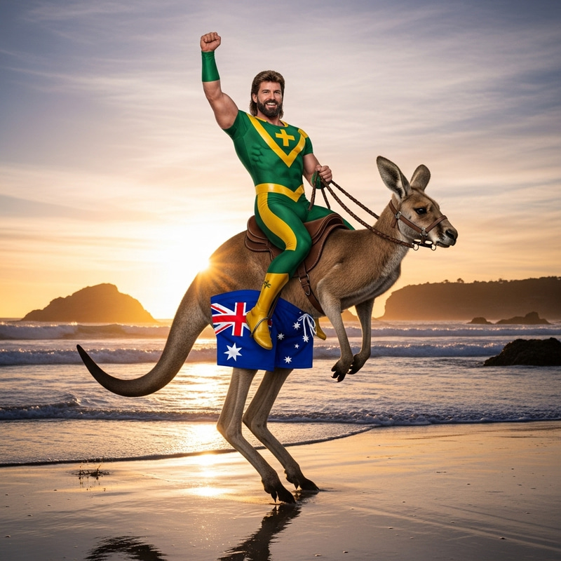 Australian Superhero Rides Kangaroo with Mullet on Beach Australian Superhero Rides Kangaroo with Mullet on Beach