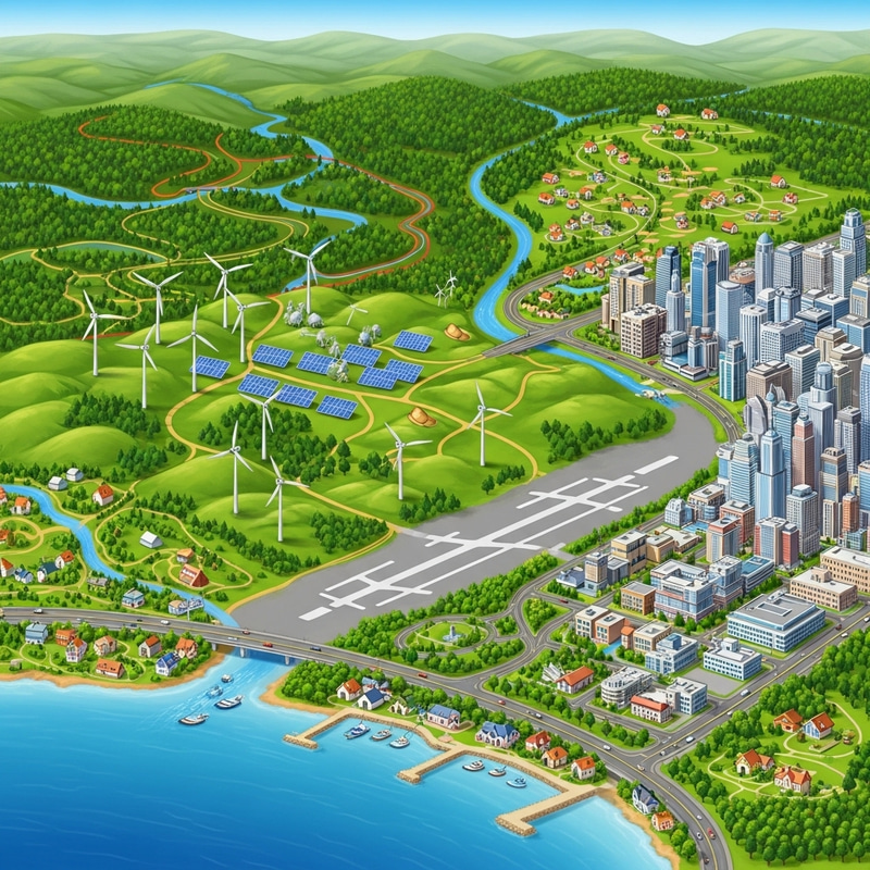 Geographic Infrastructure Revealed: Diverse Landscape with Forest, City & Coastline