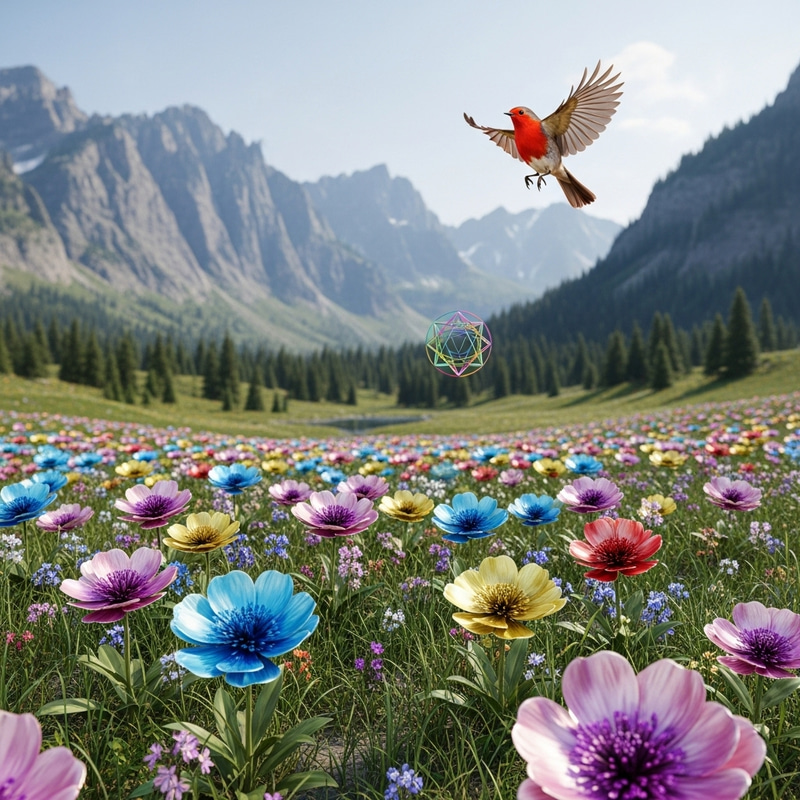 Realistic Metallic Flowers in Vibrant Mountain Landscape Realistic Metallic Flowers in Vibrant Mountain Landscape