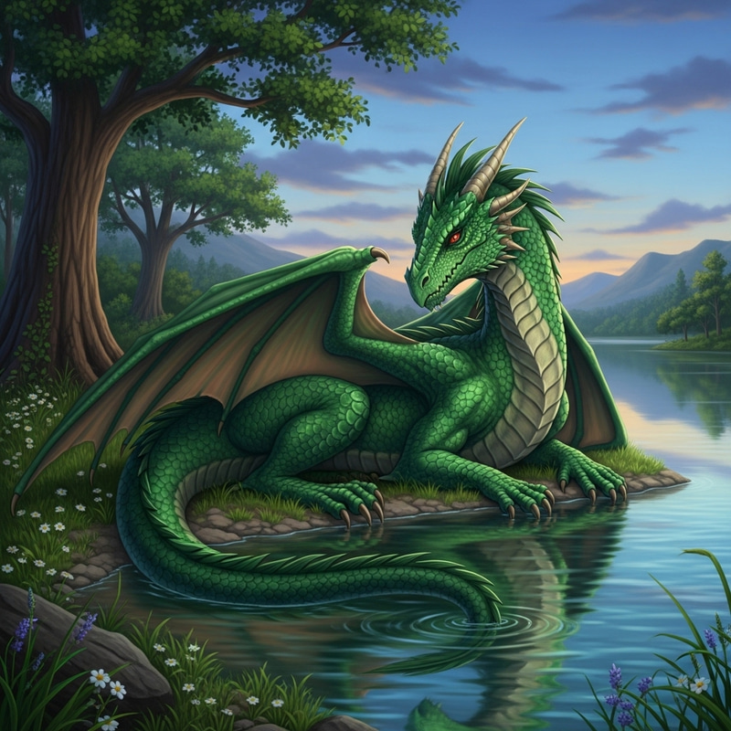 Majestic Emerald Dragon by the Tranquil Lake Majestic Emerald Dragon by the Tranquil Lake