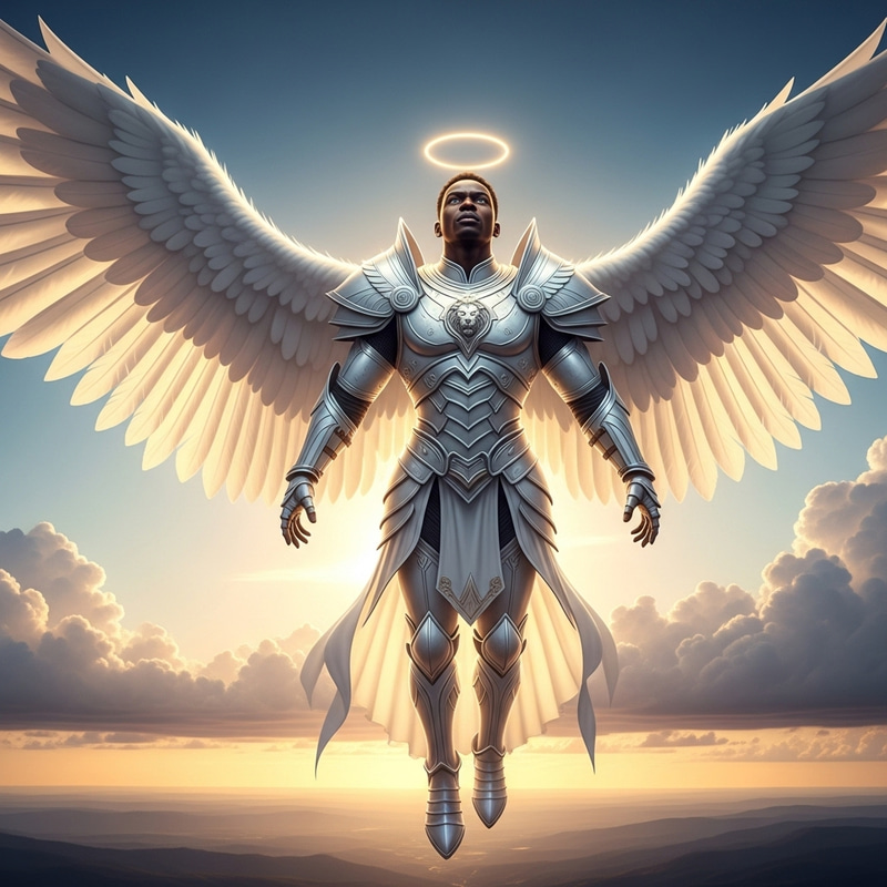 Black African Soldier Archangel in White Armor: Symbol of Fortitude Black African Soldier Archangel in White Armor: Symbol of Fortitude