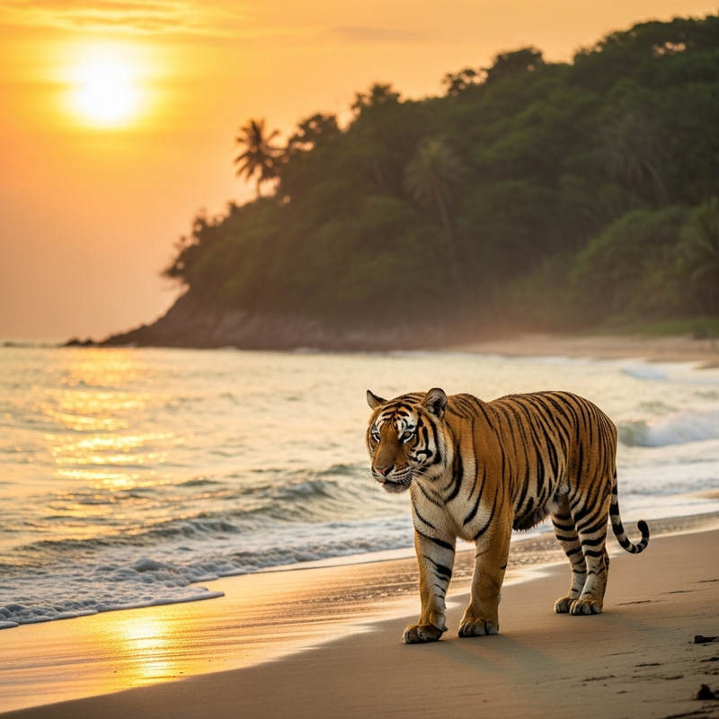 Bengal Tiger Roaming Seashore with Jungle Backdrop Bengal Tiger Roaming Seashore with Jungle Backdrop