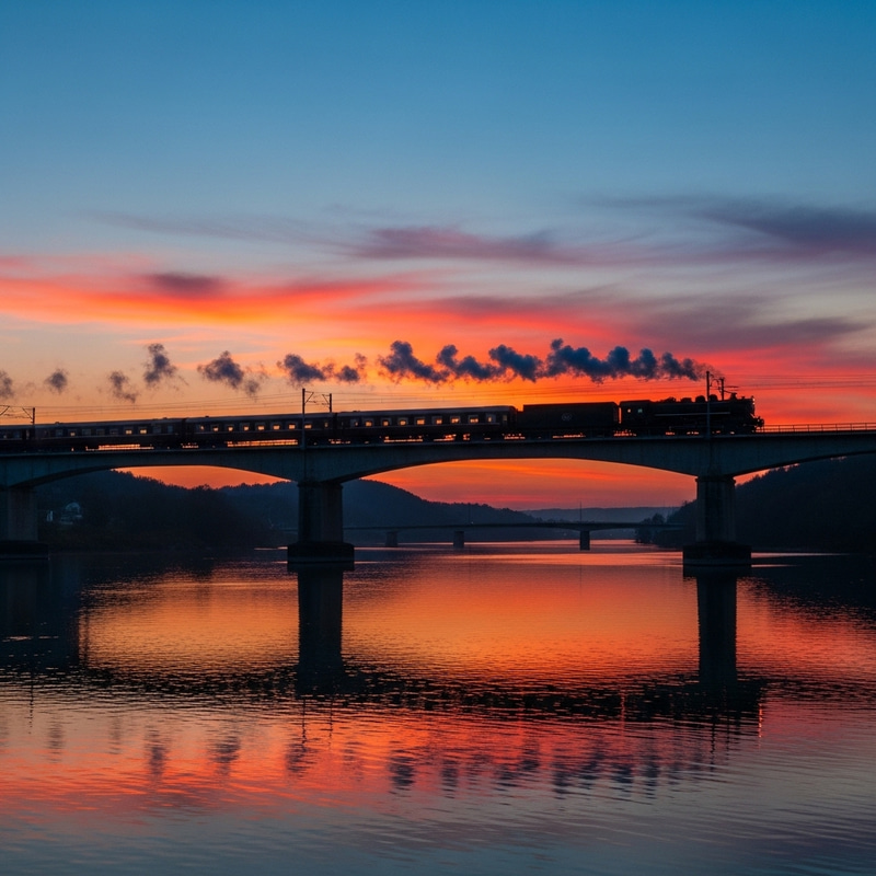 Scenic Sunset Bridge with Passing Train Scenic Sunset Bridge with Passing Train