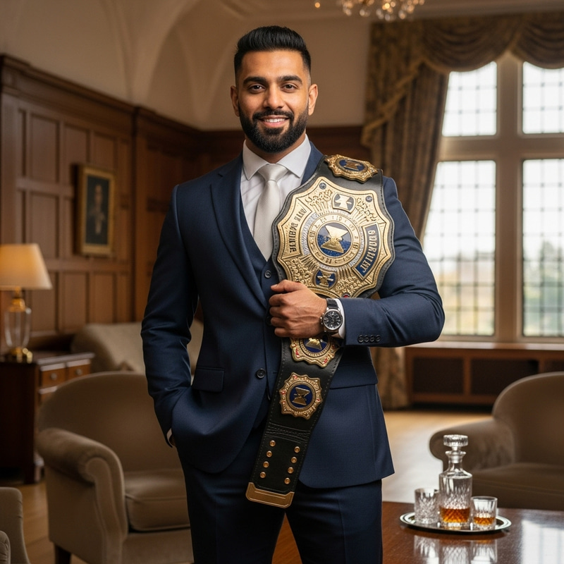 Indian Man in Suit Holding Championship Belt | Muscular Physique Indian Man in Suit Holding Championship Belt | Muscular Physique