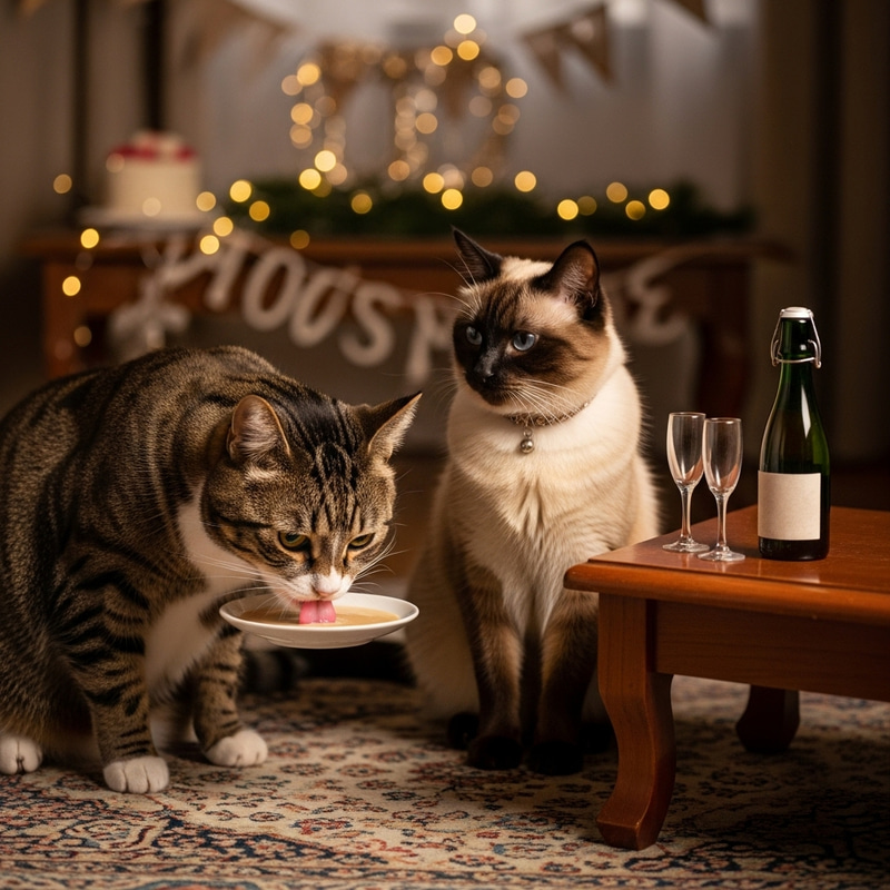 Elegant Cat Couple Celebrating with Cat-Friendly Beverage Elegant Cat Couple Celebrating with Cat-Friendly Beverage