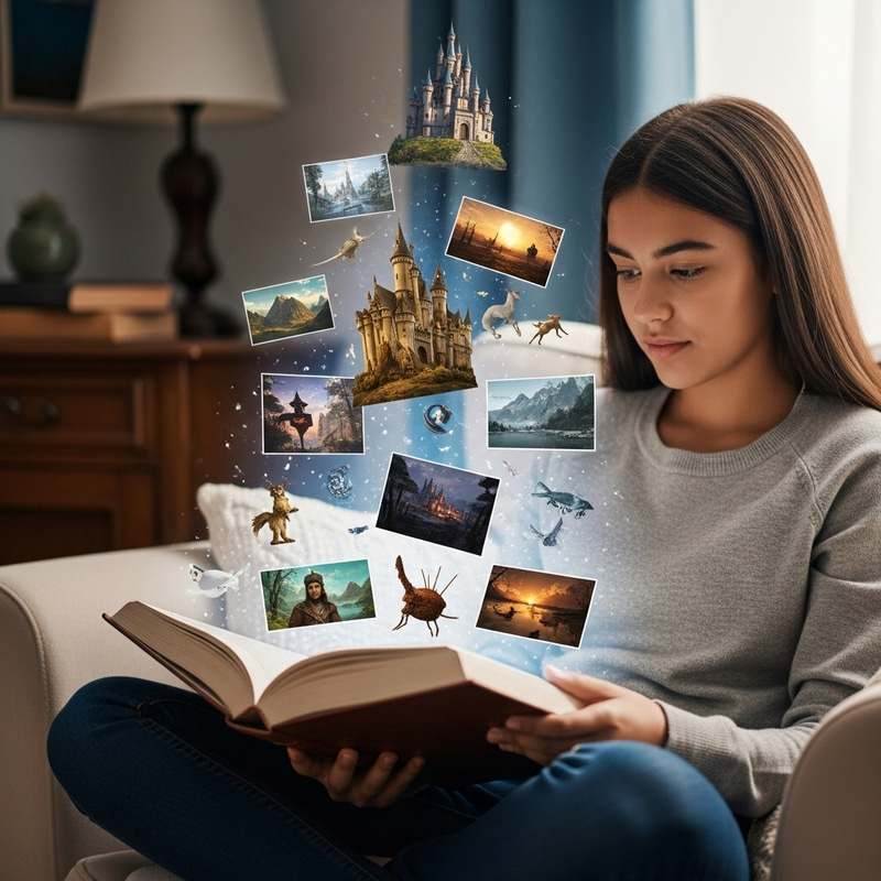 Enchanting Aura: Teenager Enthralled by Mystical Book Imagery Enchanting Aura: Teenager Enthralled by Mystical Book Imagery