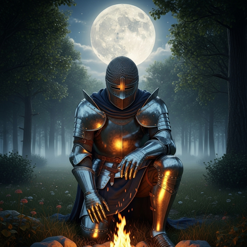 Medieval Knight in Shining Armor Kneeling by Campfire Medieval Knight in Shining Armor Kneeling by Campfire