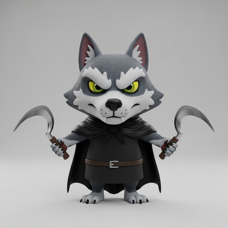 Menacing Grey Wolf with Dual Sickles | High-Quality 3D Render Menacing Grey Wolf with Dual Sickles | High-Quality 3D Render