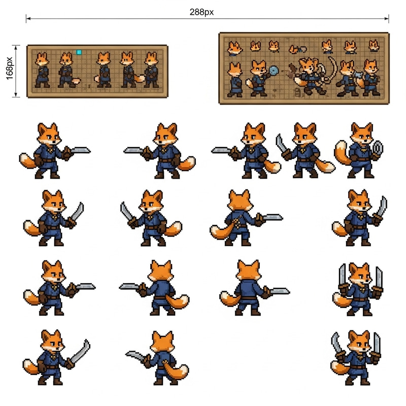 Pixel Art Sprite Sheet: Anthropomorphic Fox for Tabletop RPG