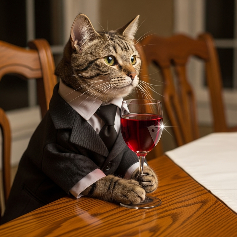 Stylish Business Cat Savoring Wine at Elegant Table Stylish Business Cat Savoring Wine at Elegant Table