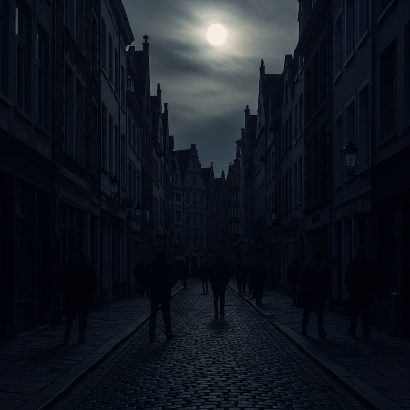 Dreary Night on Low-Lit Street with Menacing Figures Dreary Night on Low-Lit Street with Menacing Figures