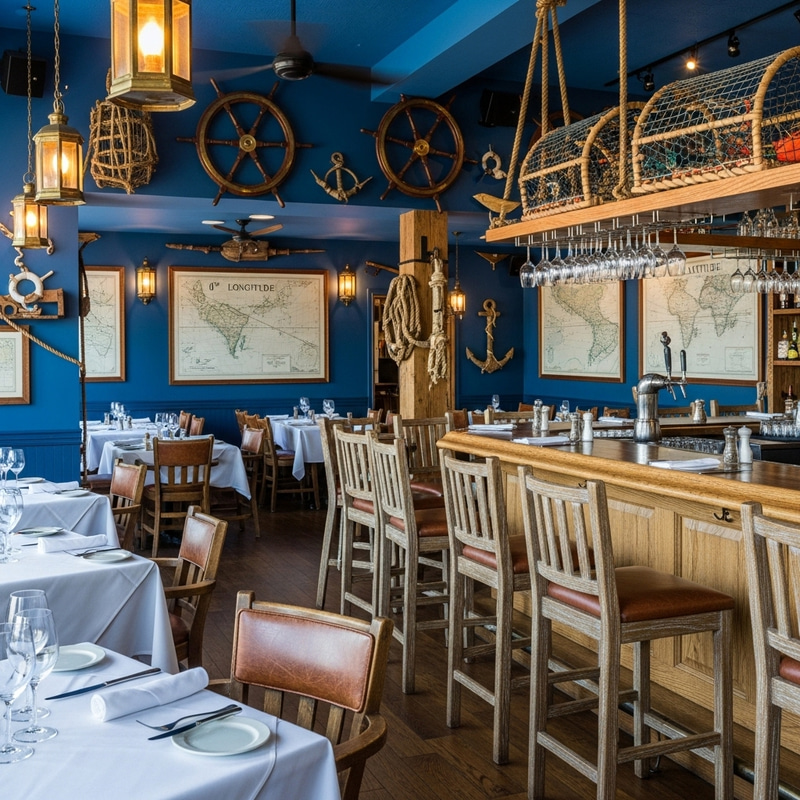Enchanting Nautical Themed Restaurant: Azure Interior & Vintage Decor Enchanting Nautical Themed Restaurant: Azure Interior & Vintage Decor