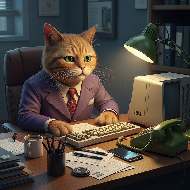 Overworked Orange Cat in 1970s Purple Suit at Busy Office Desk