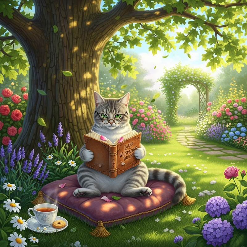 Cat Reading in Garden