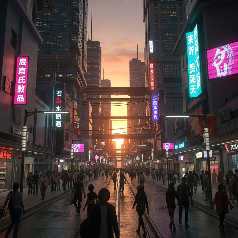 Neon-lit Cyberpunk Cityscape at Sunset - Digital Painting