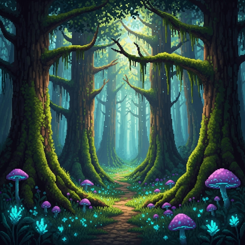 Pixel Magic Forest: Enchanting Scene with Glowing Mushrooms