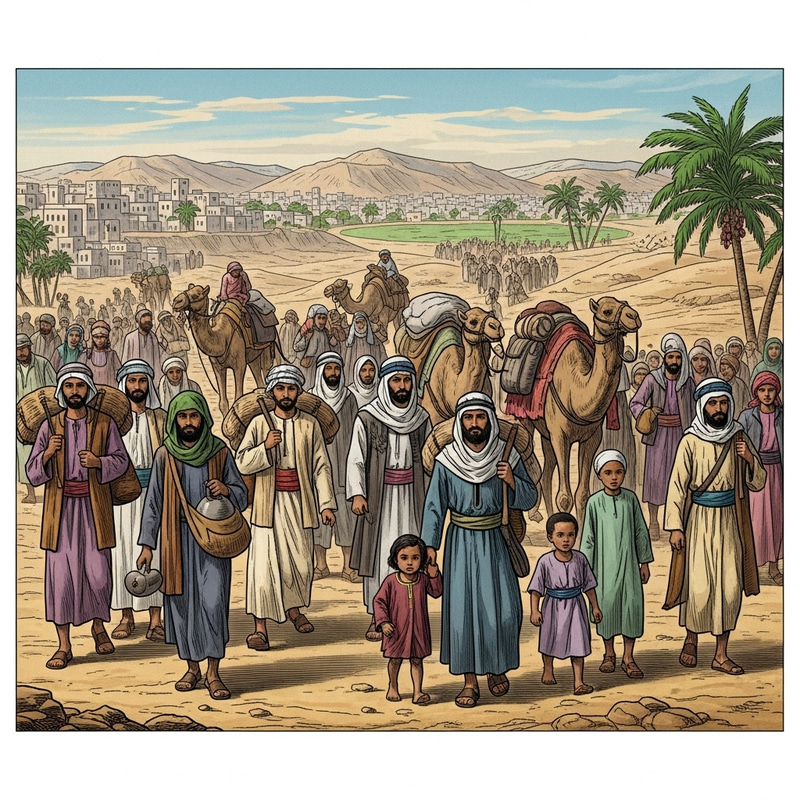 Historical Illustration: Migration from Mecca to Medina - Desert Scene with Diverse Groups Historical Illustration: Migration from Mecca to Medina - Desert Scene with Diverse Groups