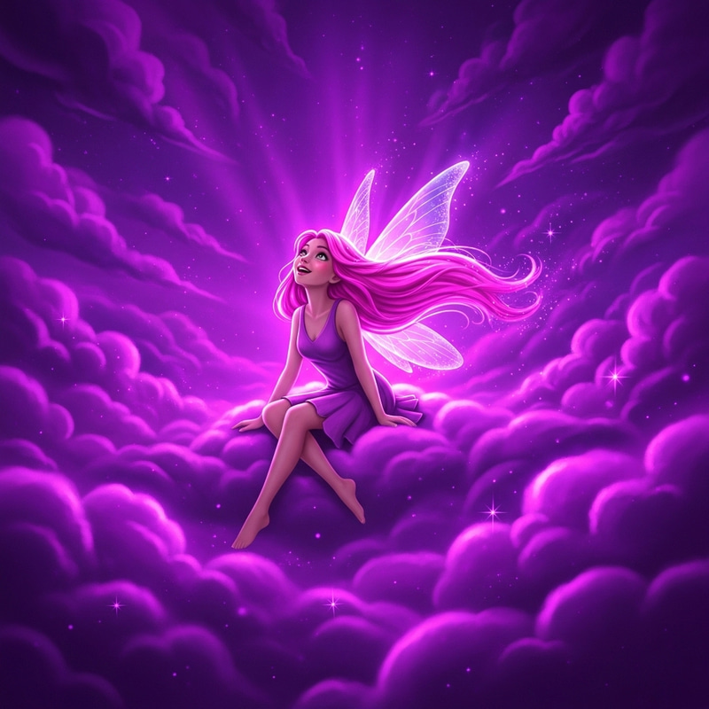 Pink-Haired Fairy on Purple Clouds with Neon Highlights