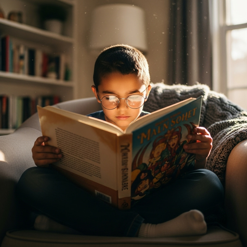 Young Hispanic Boy Reading a Book with Glasses Young Hispanic Boy Reading a Book with Glasses
