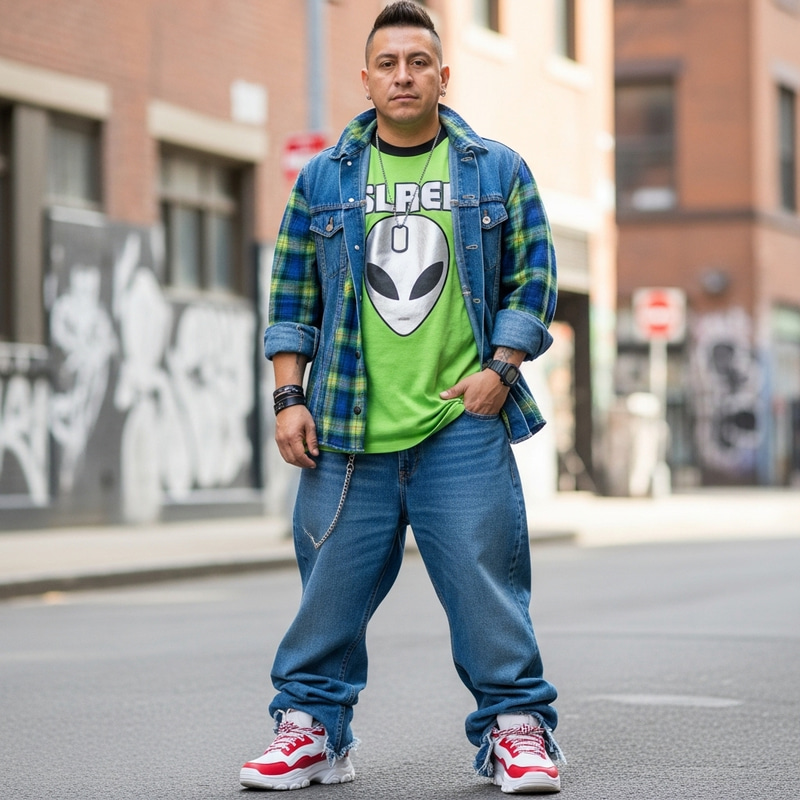 Create a Stylish 2000s Outfit for Hispanic Male Model