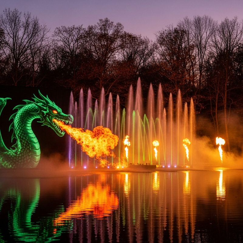 Spooky Halloween Evening Pond with Fire-breathing Dragon Show Spooky Halloween Evening Pond with Fire-breathing Dragon Show
