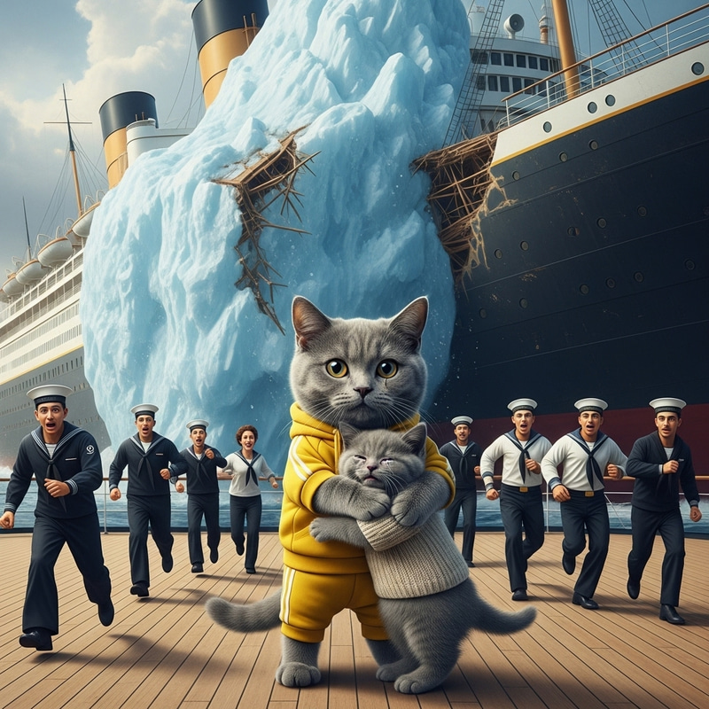 Massive Liner Collides with Iceberg: Grey Cat Comforts Kitten Massive Liner Collides with Iceberg: Grey Cat Comforts Kitten