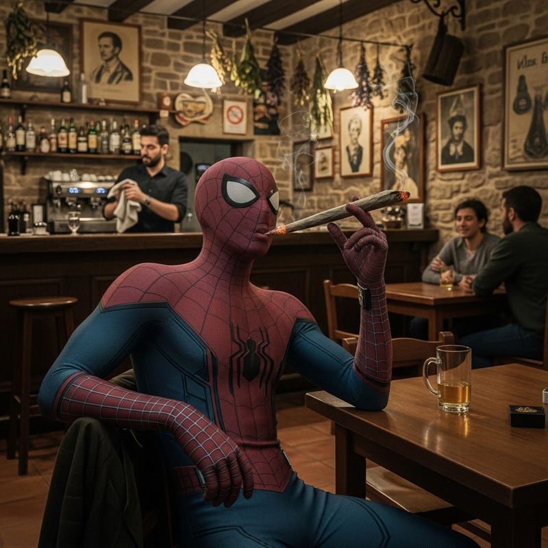 Granollers Tavern | Spiderman Enjoying Herbal Cigarette