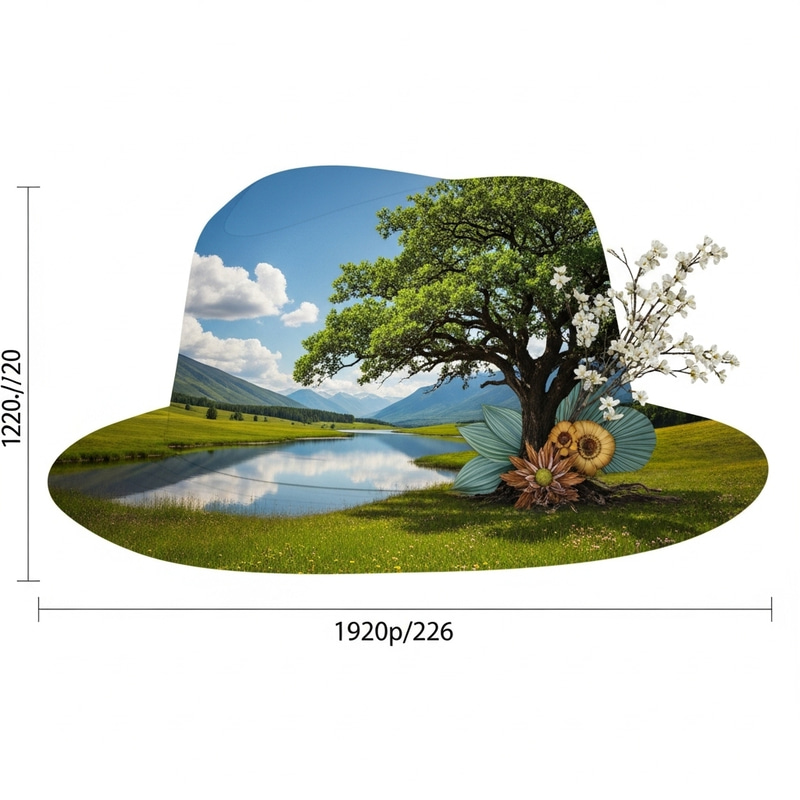 Handcrafted Oak Tree Hat Design for a Serene Meadow Lake Setting Handcrafted Oak Tree Hat Design for a Serene Meadow Lake Setting