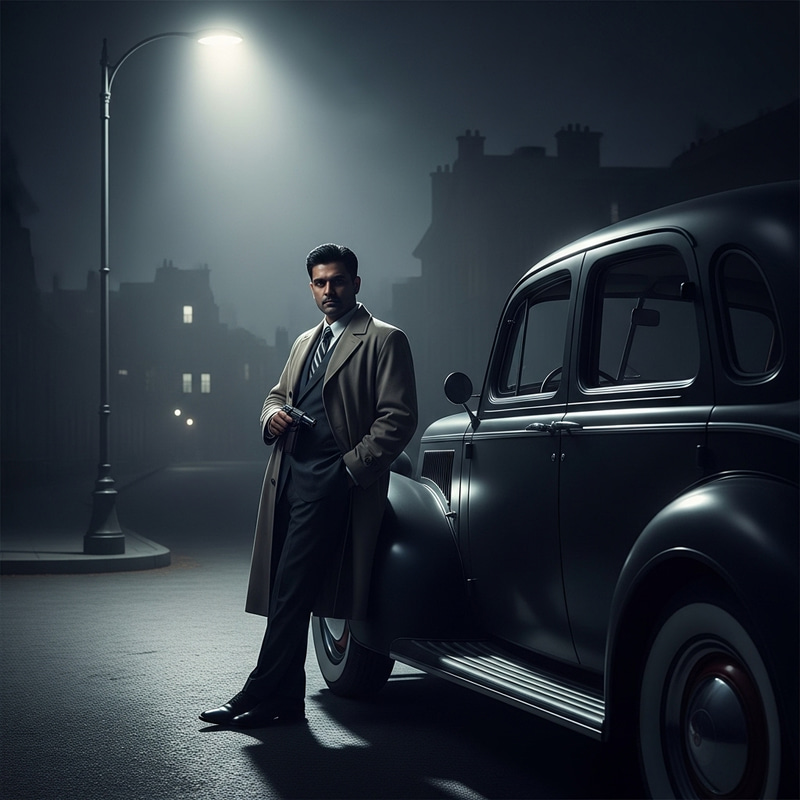 Mysterious Lone Armed Chauffeur in Vintage Noir Setting Mysterious Lone Armed Chauffeur in Vintage Noir Setting