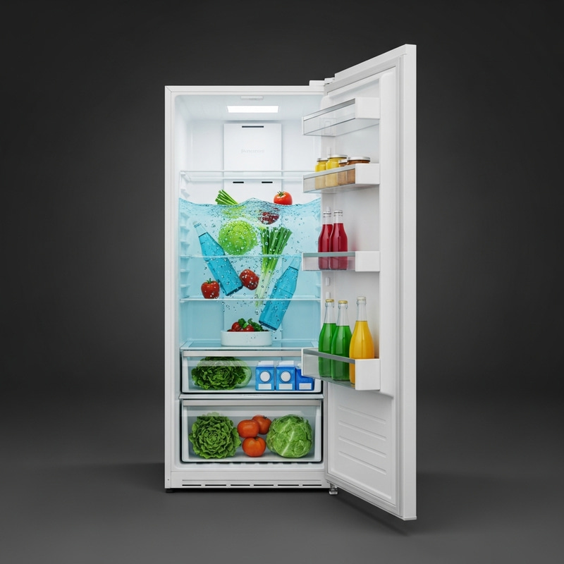 Unique Scene: Water Inside Fridge - Fresh Vegetables and Chilled Drinks Unique Scene: Water Inside Fridge - Fresh Vegetables and Chilled Drinks