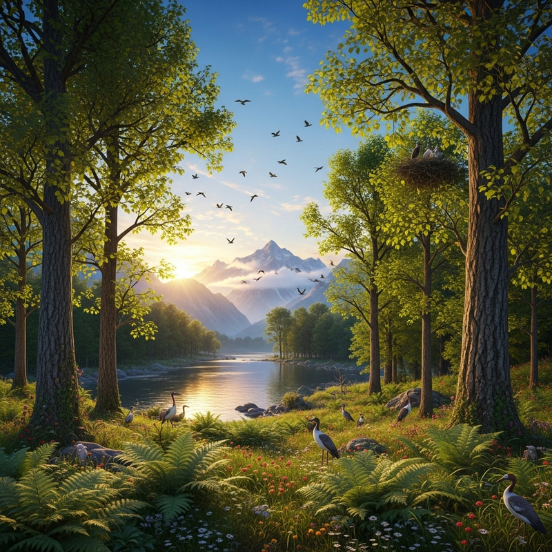 Echte Naturbilder: Tranquil Forest, River, Birds & Mountains