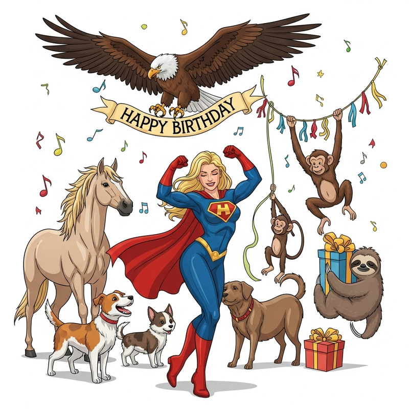 Happy Birthday Card with Dancing Blonde Superhero and Animals Happy Birthday Card with Dancing Blonde Superhero and Animals