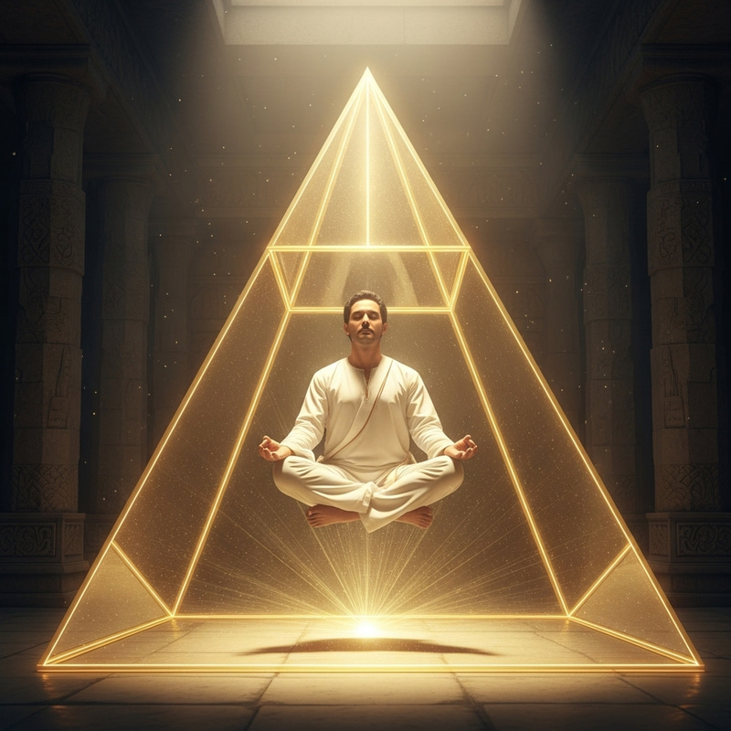 Man in Lotus Position Inside Gold Pyramid - Meditative Energy