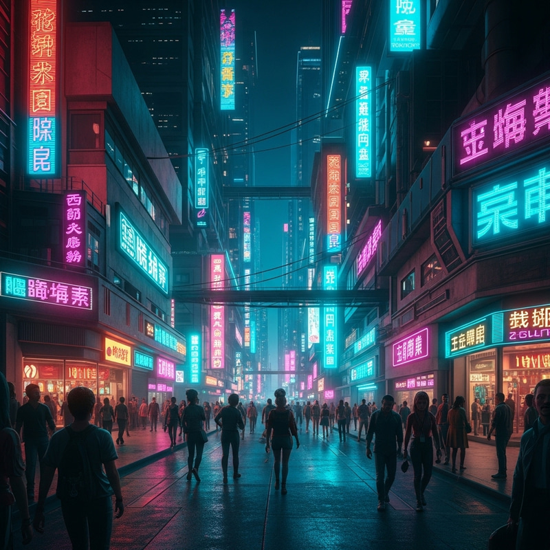 Vibrant Cyberpunk Cityscape with Neon Lights and Crowds