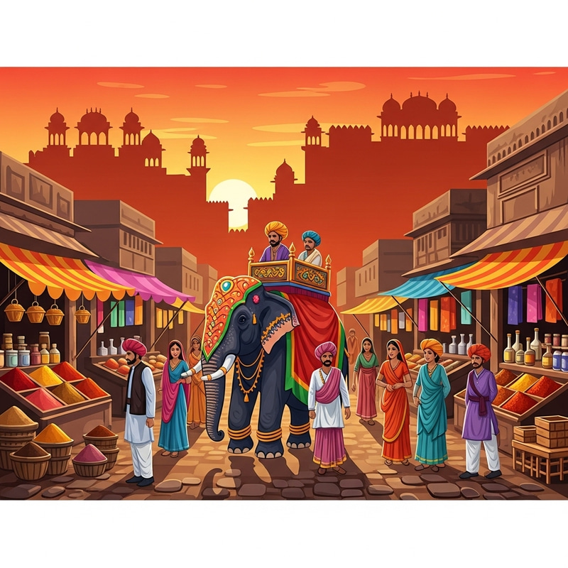 Vibrant Indian Culture Painting | Market Scene & Elephant Vibrant Indian Culture Painting | Market Scene & Elephant