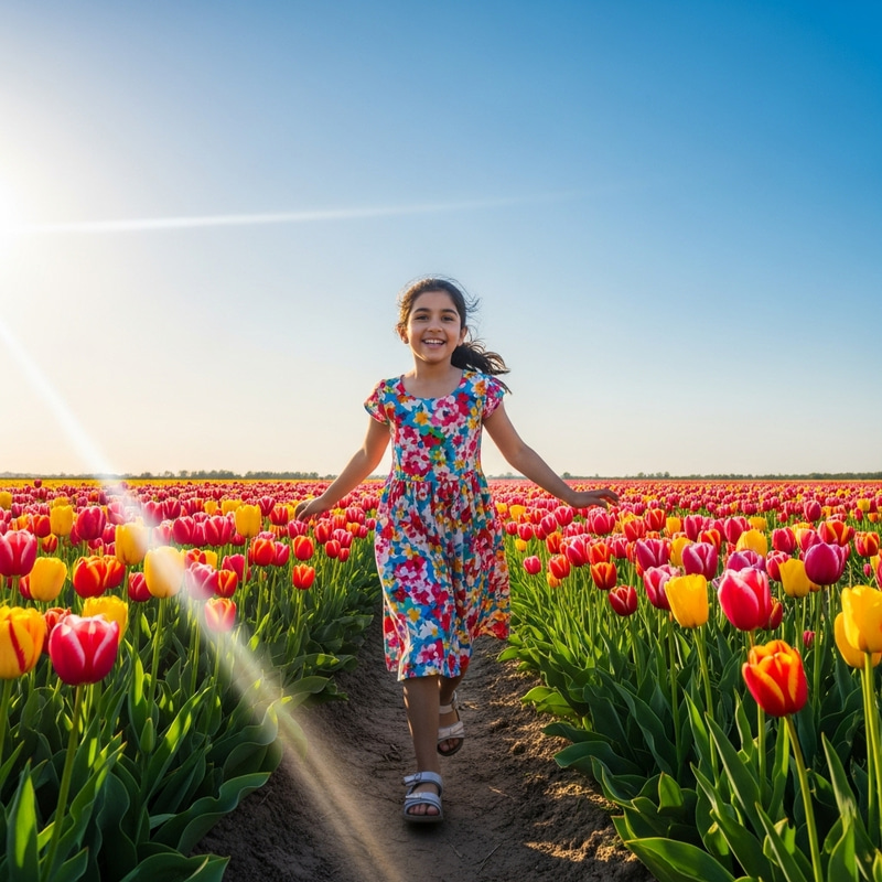 Smiling Teenage Girl Running in Tulip Field