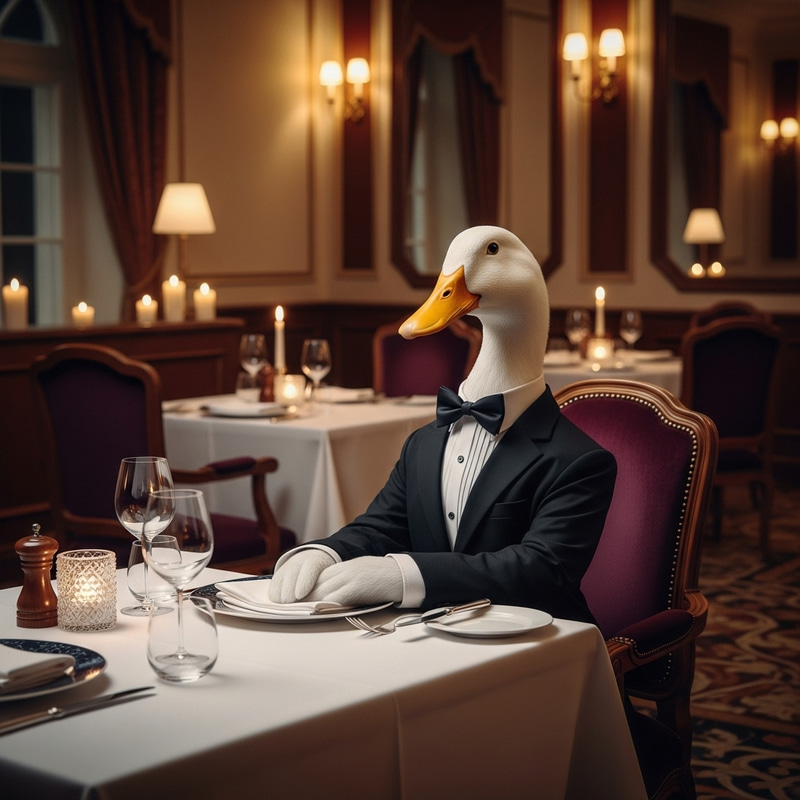 Elegant White Duck in a Black Suit at Fine Dining Elegant White Duck in a Black Suit at Fine Dining